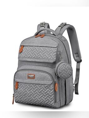 NWT - BabbleRoo - Gray Quilted Baby Diaper Backpack with Tan Accent Trim